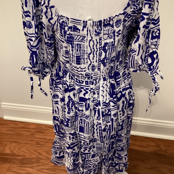 PUFF SLEEVE RESORT PRINT DRESS (Color: Blue/ White) - Picture 7 of 7